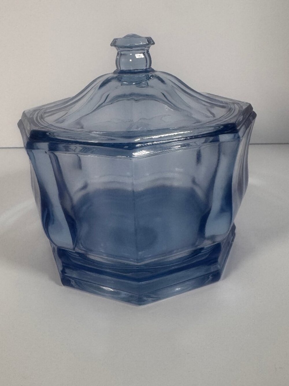 Vintage Indiana Glass "concord" Pattern Covered Candy Dish in light blue tone.